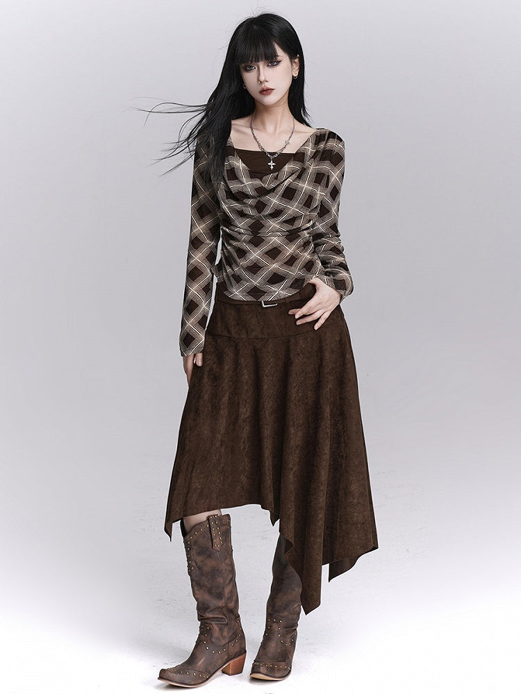 Coffee Belt Hem with Fashion A-Line Midi Skirt Suede Asymmetrical Maillard Handkerchief Matching
