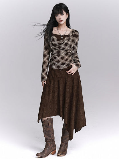 Coffee Belt Hem with Fashion A-Line Midi Skirt Suede Asymmetrical Maillard Handkerchief Matching