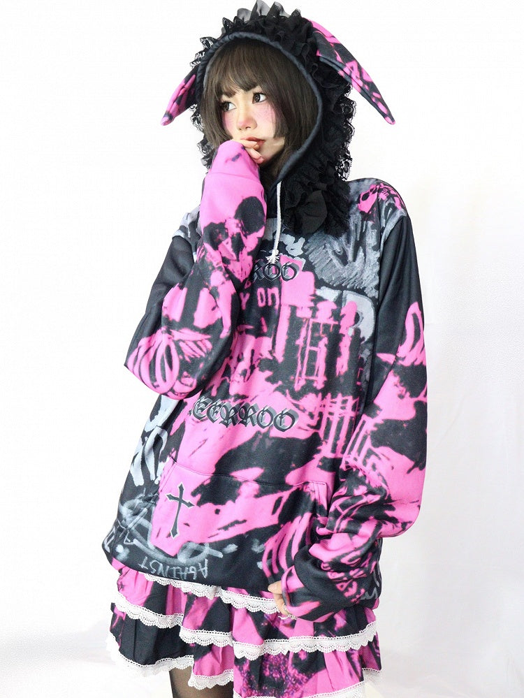 スカートとレース付きギャルファッションティアードホワイト/ピンクブラックトリムプリントスパイダーレター