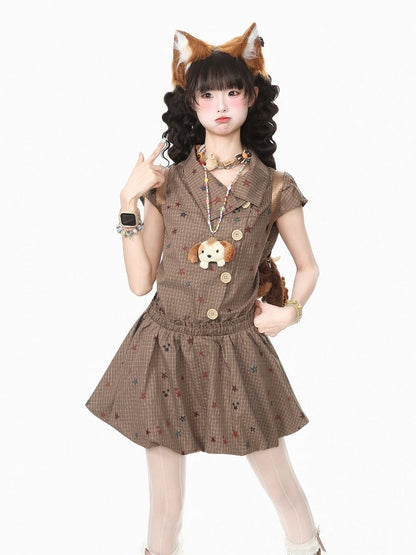 Coffee Two-Piece Short Sleeve Dress with Star and Plaid Pattern