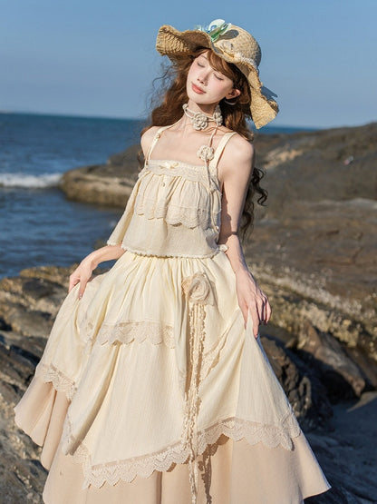 Beige Lace Top & Skirt Set with Brooch & Hat - With PUJI