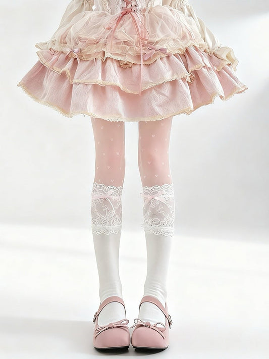 Calf Ribbon (Pink/White) Lace Satin Ruffle Socks with