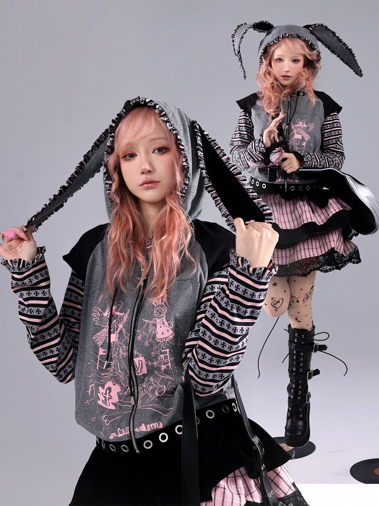 Punk Hime Two-Piece Ears Hoodie Faux Gyaru Bunny with Gray