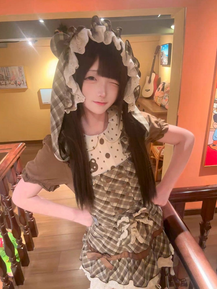 / with Overalls Ear Hat Dress Detachable Brown Susenders Bear Convertible 2-in-1 T-Shirt Plaid Polka Dot