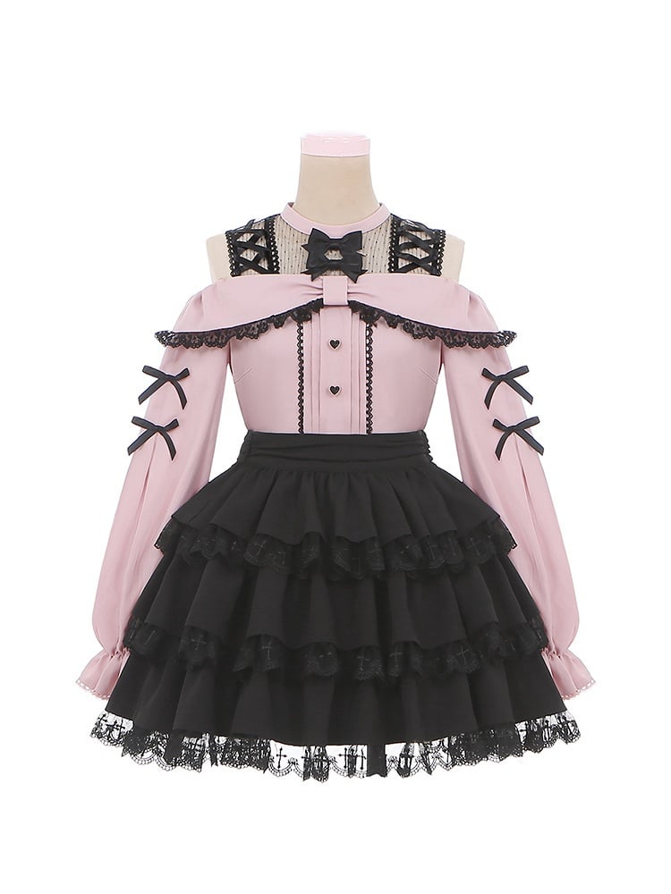 with Pink Bow Black Kei Open Blouse Shoulder Details Jirai Neckline Illusion