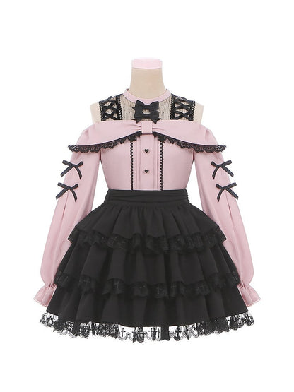 with Pink Bow Black Kei Open Blouse Shoulder Details Jirai Neckline Illusion