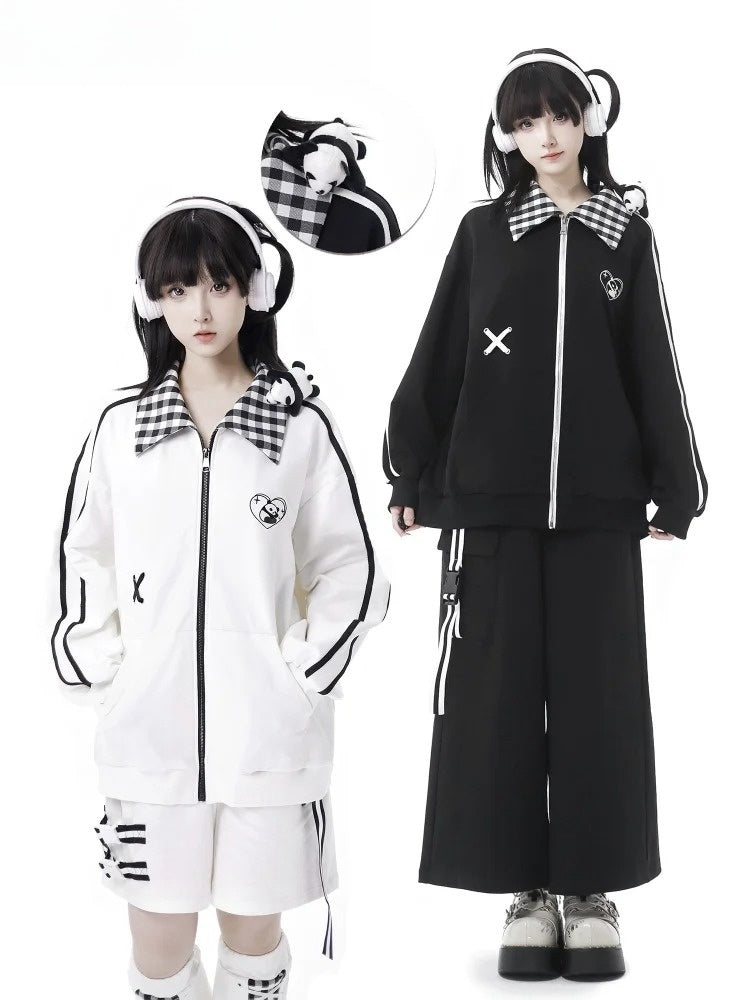 White/Black Heart Panda Embroidered Plaid Pattern Collar Jacket With A Panda Plushie