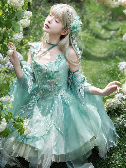 Green Chinoiserie Lolita Boning Corset JSK Dress with Bird & Floral Embroidery Patch - Misty Isle Letter