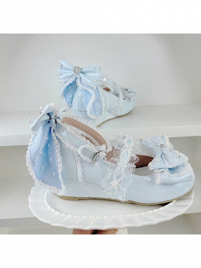 Light Blue Crystal Bow 5cm Slope Heel Shoes Elegant - Meng Ka Jiang