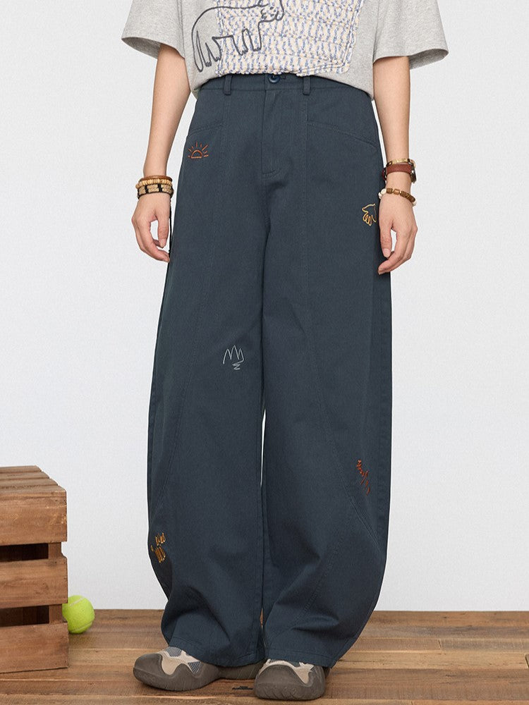 Wide-leg Vintage Embroidery Dark for Pants Winter Cut Autumn Cute - Blue