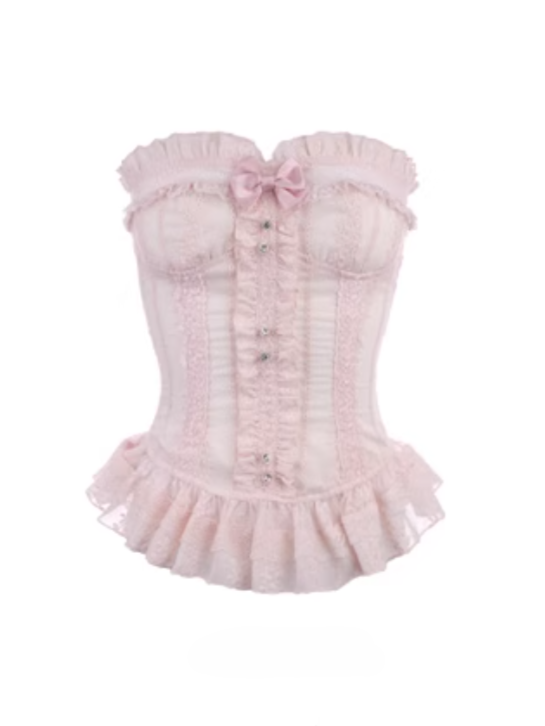 Ruffled  Detachable Bow Lace Bustier Corset With Floral Embroidery Pink