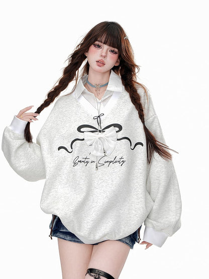 Gray Collar Bow Two-Piece Faux Sweatshirt Polo with Detachable -