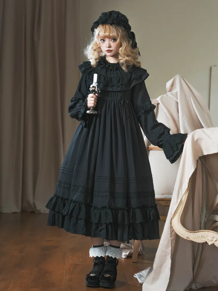 Layered Gothic Neck Kuro Ruffled Black Lolita Hemline Long All Ruffle Dress Sleeves