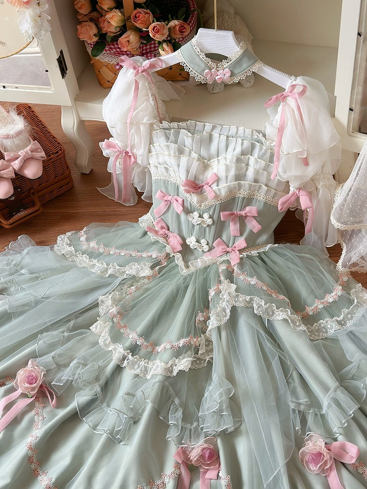 Green Basque Waist Floral Bowknots Hanayome Lolita OP / Full Set