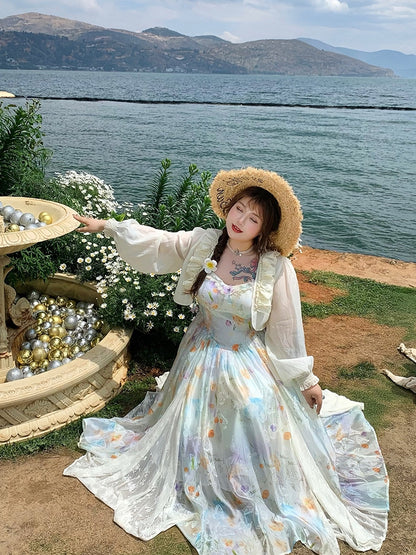 Urlaub Plus Größe Cami Kleid Spitze Patches Saum Ölgemälde Druck Weiß