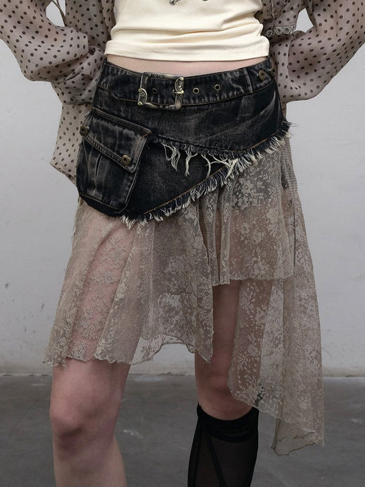 Punk Hem Lace with Denim Asymmetric Distressed Adjustable Back Belt Skirt