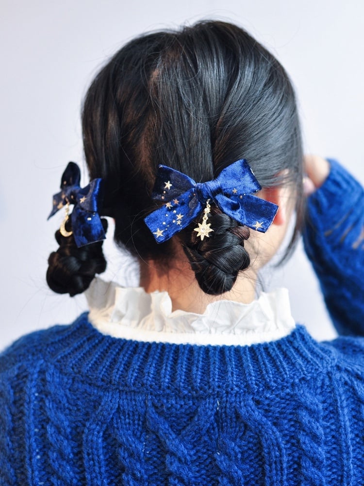 プリントムーンリボンブルーヘアクリップスターチャーム