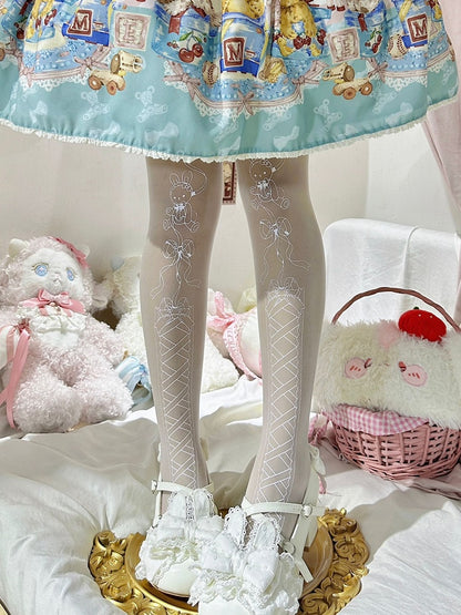 Bow And Bunny Pantyhose Semi-sheer Print White Lace-up