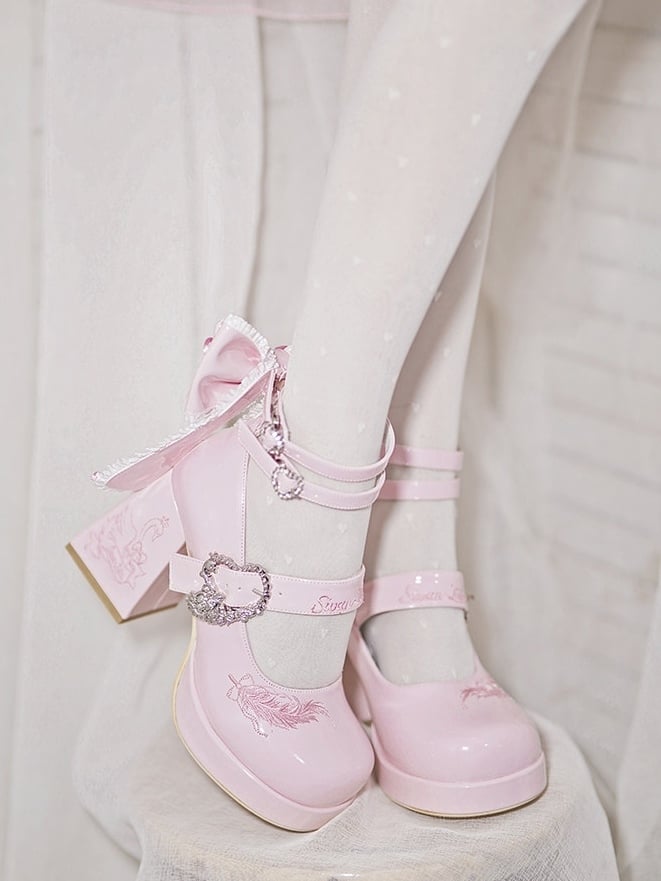 Lolita Sophisticated Buckle Themed Crisscross Swan Details Heels High Detachable Bow Pink with Heel Heart - Block