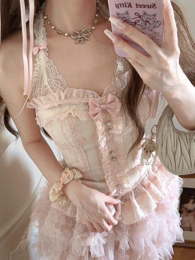 Ruffled  Detachable Bow Lace Bustier Corset With Floral Embroidery Pink