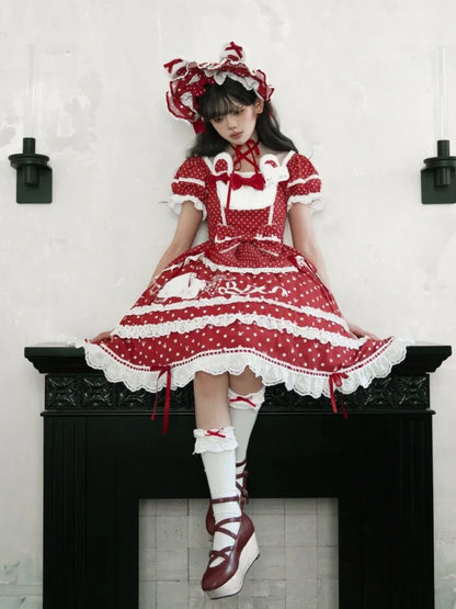Red Pattern Neckline Plush Sweet Polka Dots Square Bunny Lolita Dress Ears