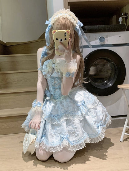 Blue Lolita Bow JSK Jacquard Apricot Doll-Style Lace Dress Floral with