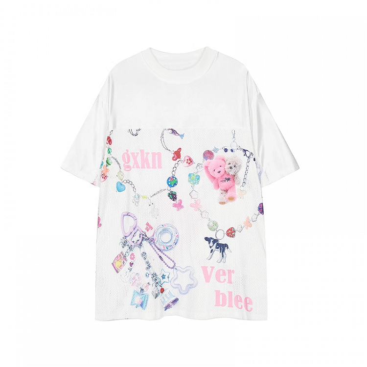 Weißes, lockeres T-Shirt mit Rundhalsausschnitt und Cartoon-Print