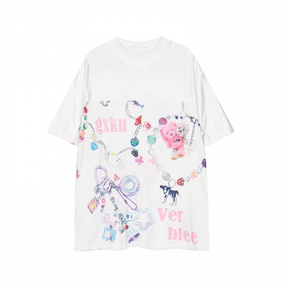 Weißes, lockeres T-Shirt mit Rundhalsausschnitt und Cartoon-Print