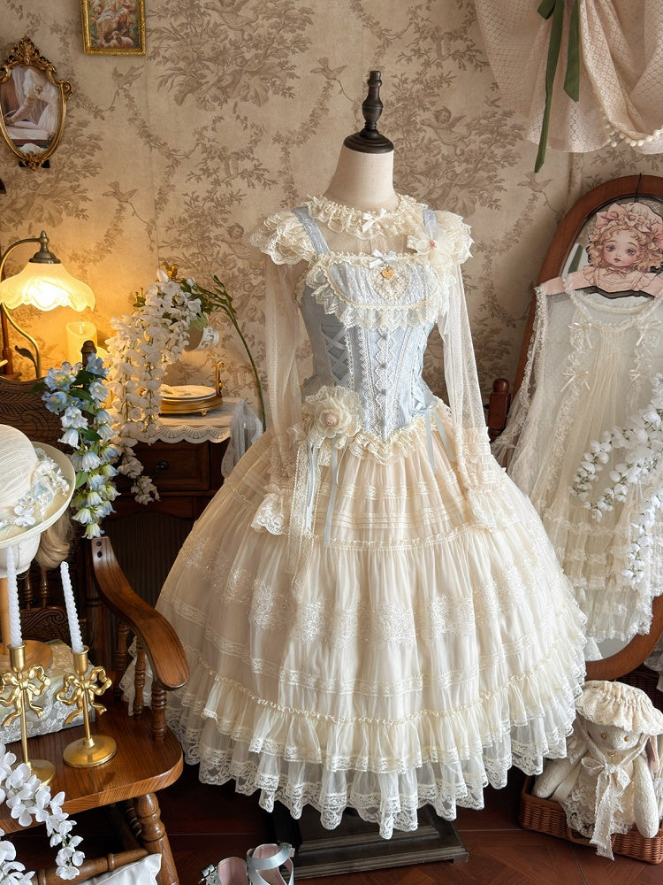 Princess Top & Skirt Set with Lace, Floral, Blue & White Sweet Lolita - Twilight Flower Letter