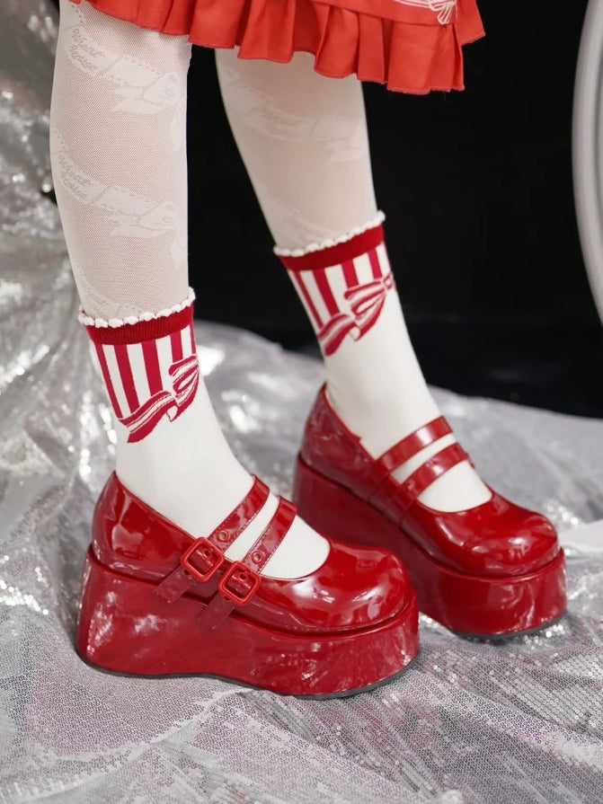 Dual Buckles Red Platforms PU with