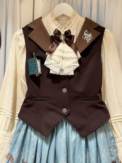 Brown Lapel Collar Coffee Cup Embroidery Striped Elegant Waistcoat - Dream Whale