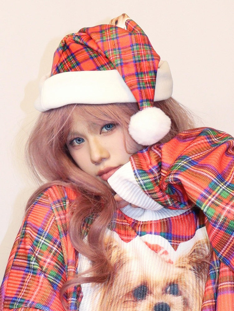 Plaid Puppy Hat Pattern Print Christmas Red