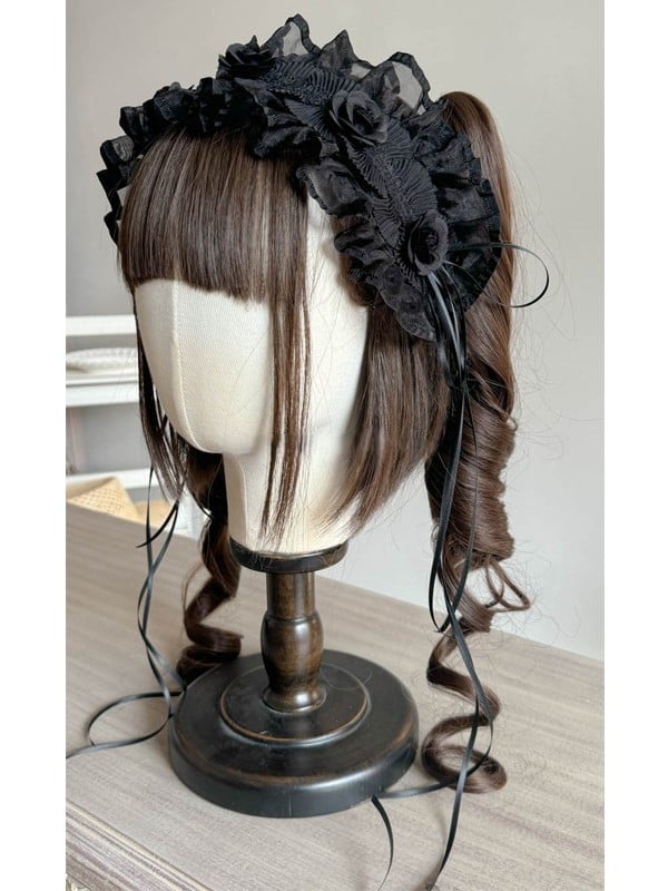 and Lace Streamers Flower Ribbon Ruffled Accents White/Black Lolita with Hairband