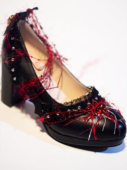 Verzierte Heels BlauRot Lolita Block Spider Charm Design Schuhe Perlen Gothic 5CM/8,5CM Herz