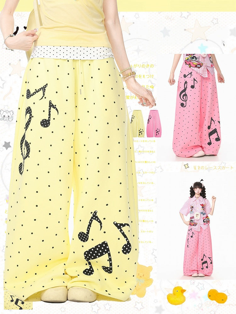 Pink Polka-Dot Wide-Leg Pants with Music Notes - Languid Park