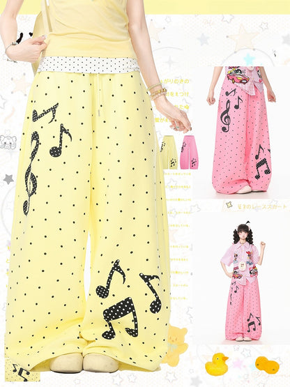 Pink Polka-Dot Wide-Leg Pants with Music Notes - Languid Park