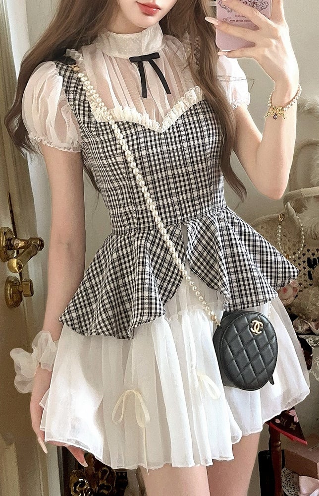 Dress Pattern Plaid Black Faux White Two-Piece With