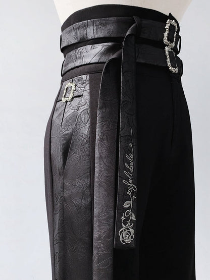 Black Ouji Fashion Lolita High Waist Pants with Two Belts