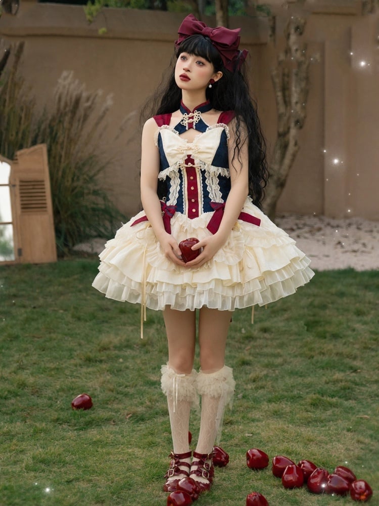 ダークブルーとレッドの取り外し可能な襟付きQiティアードフリルジャンパースカート