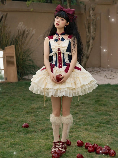 ダークブルーとレッドの取り外し可能な襟付きQiティアードフリルジャンパースカート