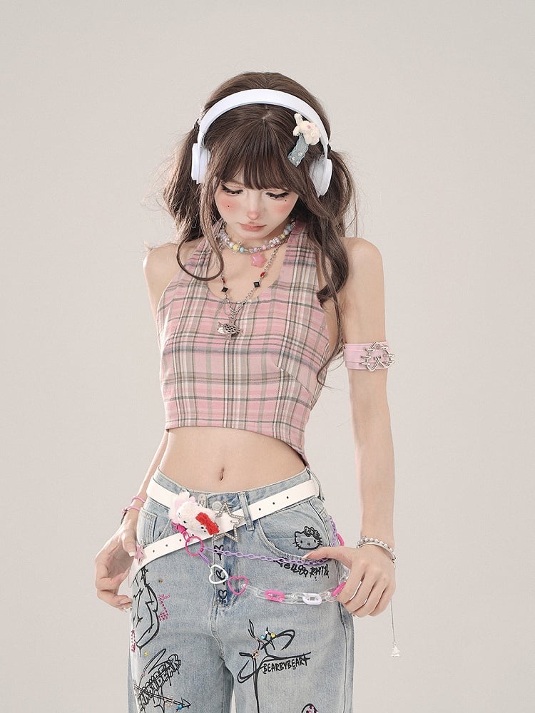 Halter Pink Plaid Delicate Top Crop Tank