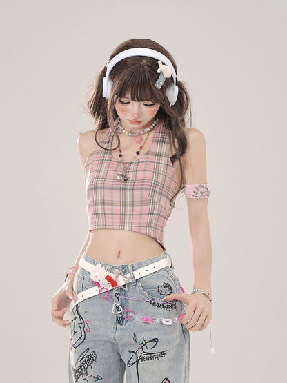 Halter Pink Plaid Delicate Top Crop Tank