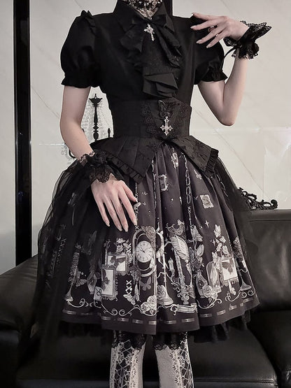 Waist Boned Skirt Gothic Black Corset with High Belt Print Butterfly Lolita