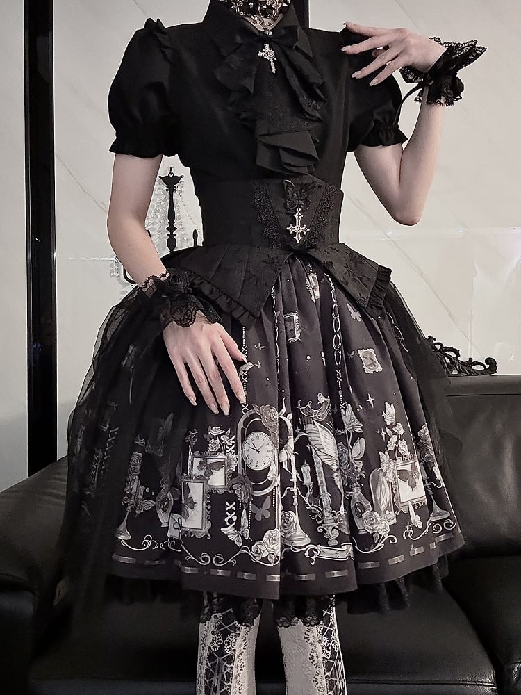 Jabot Short Shirt Detachable with Sleeves Gothic Black Lolita