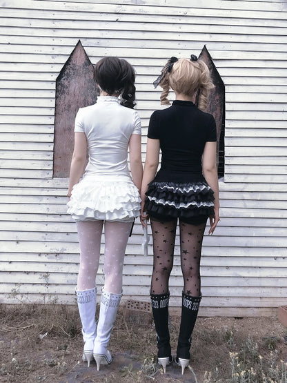 Gothic Black/White Mock Neck Coffin-Shaped Cutout T-Shirt