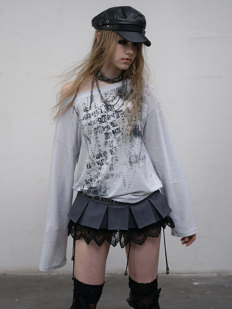 ウェイストランドパンクレターロングトップ、アシンメトリーブルー/ベージュスリーブ、ネックラインプリント