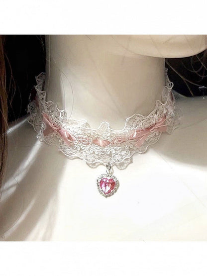 Lace Choker with Bow and Heart Rhinestone - Post-2000 Gift Shop