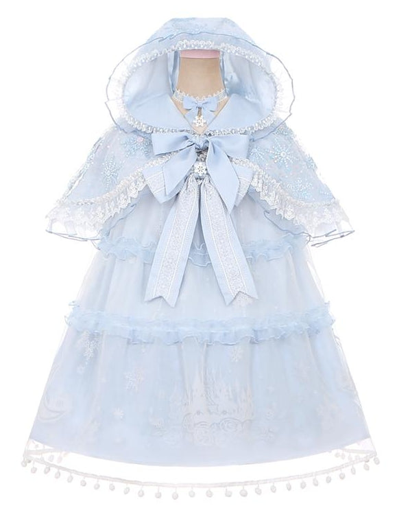 Light Blue Snowflake Sequins Lace Trim Lolita Hooded Cape