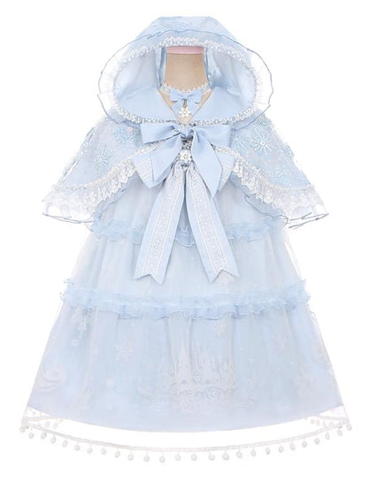 Light Blue Snowflake Sequins Lace Trim Lolita Hooded Cape