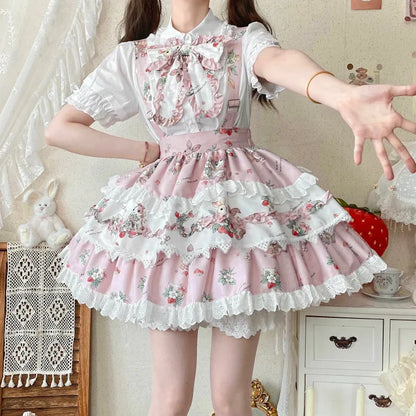 Skirt Sweet Overall Bunny Print Lolita Pink